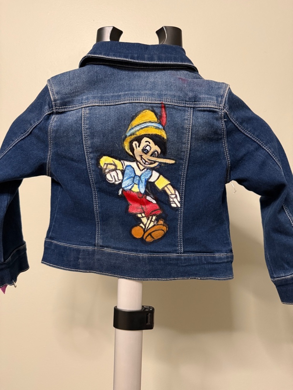 Denim Jacket with Colorful Hand Painted Pinocchio Patch